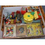 Large box: quantity of vintage toys including painted J Hill & Co soldiers on horseback, boxed