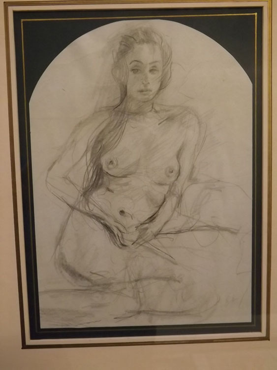 Eric Hawker, initialled, pencil drawing, Seated nude, 8 1/2 x 6 ins, together with a conte drawing - Image 2 of 2