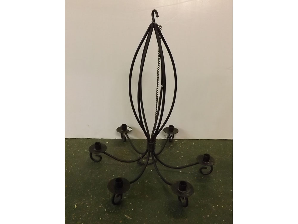 20th century cast iron chandelier, with six candle sconces and drip trays with openwork design,