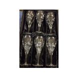 Boxed set of six clear glass Royal Doulton wine glasses with an etched blossom style design, each