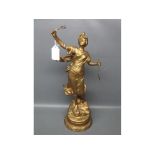 Gilt spelter model of a maiden archer bearing French circular plaque to reverse, 15ins tall