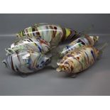 Five large 20th century Murano glass fish with multi-coloured marbled design, largest 20ins long