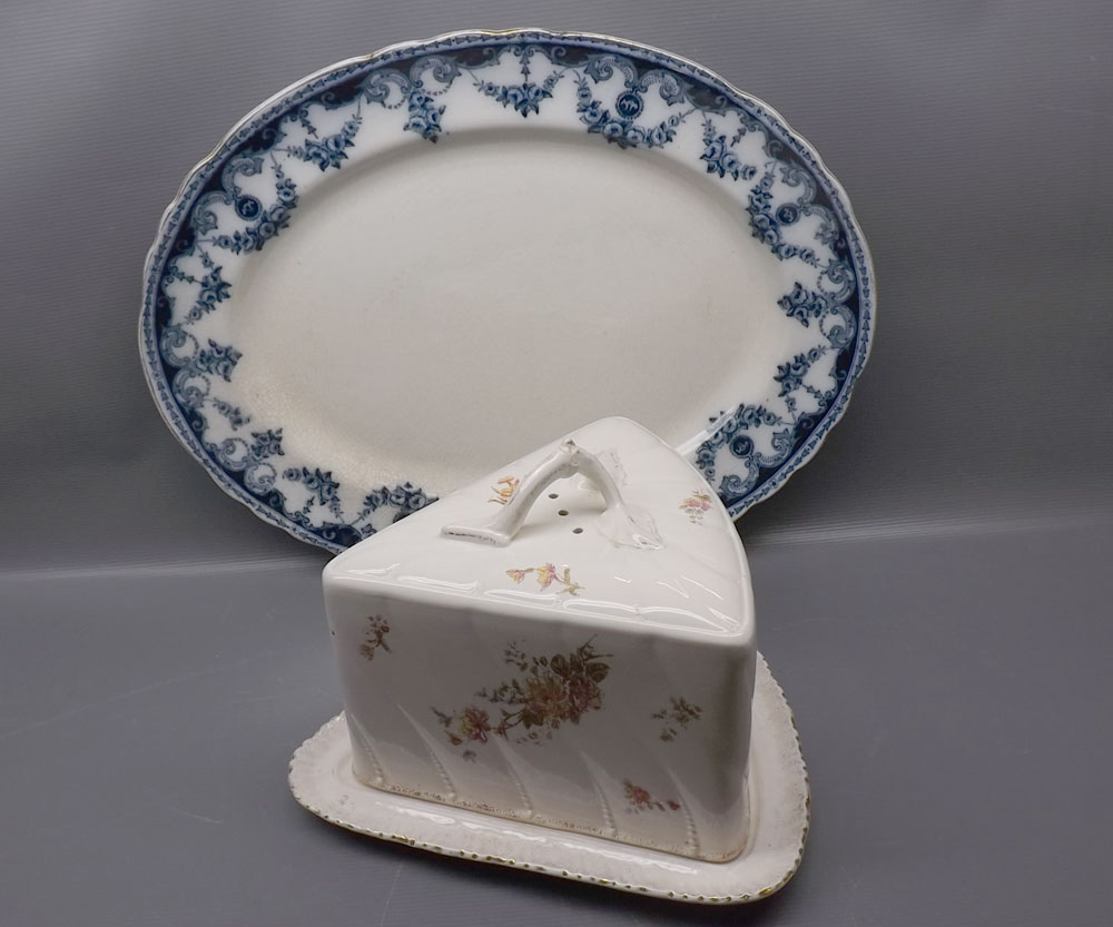 Victorian Bonn of Germany Imperial cheese dish with printed floral decoration, losses throughout,