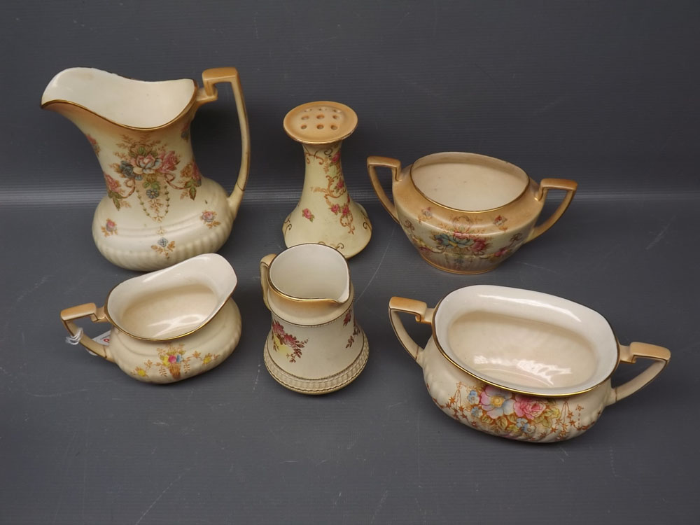 Group of Crown Devon Fieldings posy vase, water jug, small cream jug, two two-handled oval sugar