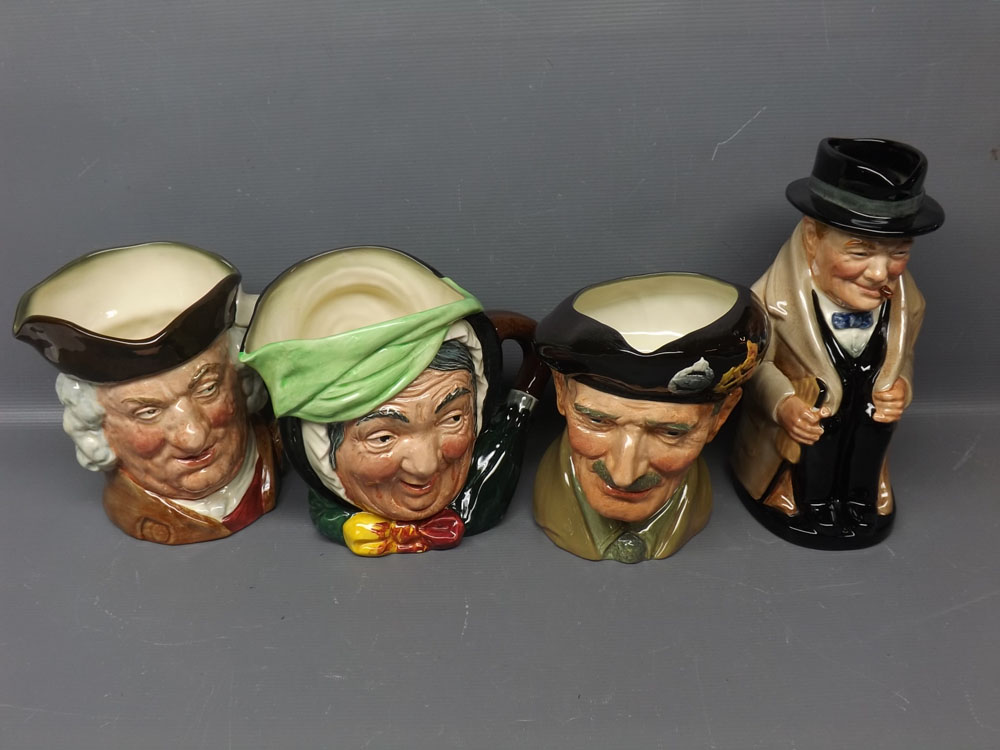 Four assorted Royal Doulton character jugs to include Monty, Winston Churchill, Sara Gamp and Sam