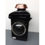 Vintage black painted railway lamp with bull's eye glass, for MFO & ALY Supplies Ltd with pressed