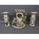 Continental clock garniture modelled as a young boy feeding two horses coming out of stable doors,