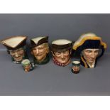 Six Royal Doulton character jugs to include Dick Turpin, Lord Nelson, Robin Hood, Sam Weller and two
