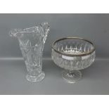 Clear glass pedestal bowl with silver plated rim, column in the form of a thistle supported on a