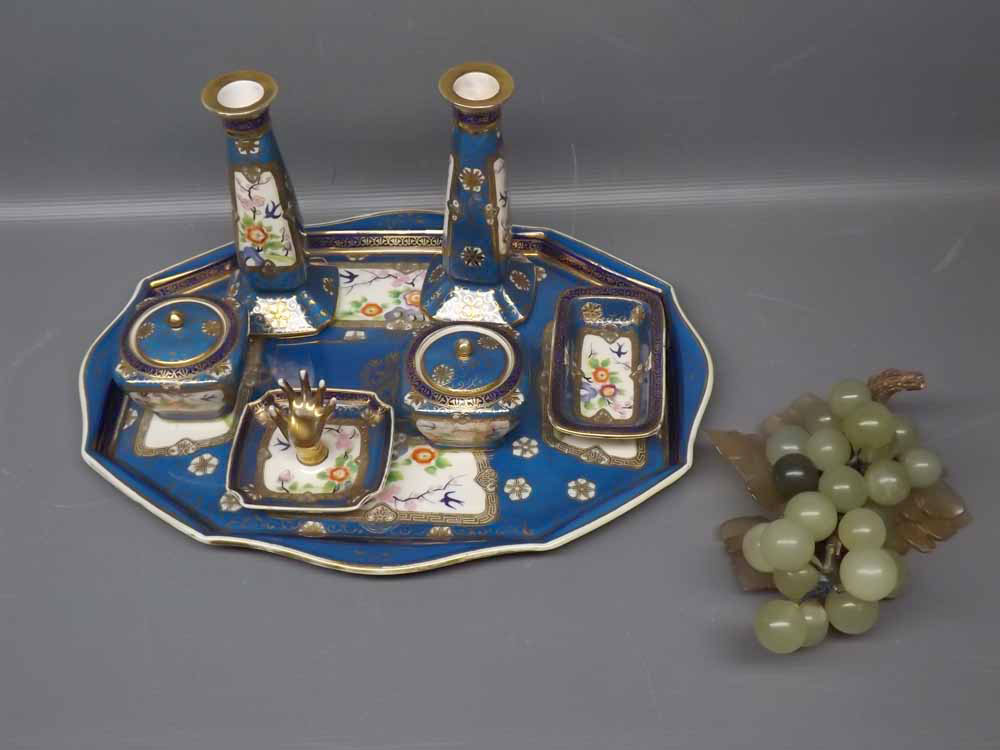 Noritake dressing table set, with blue ground and decorative floral panels, comprising two lidded