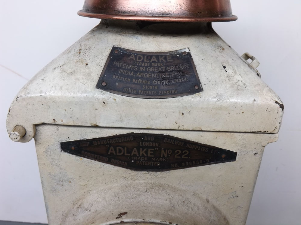 Adlake No 22 white painted railway lamp, number 826558-9, with bull's eye front glass and copper - Image 2 of 3