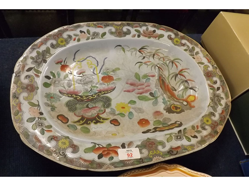 Ironstone turkey plate of a multi-coloured floral design with well (a/f), 19ins x 14ins