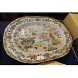 Ironstone turkey plate of a multi-coloured floral design with well (a/f), 19ins x 14ins