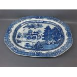 19th century blue and white turkey plate with juice well with printed oriental scene, 20 1/2 ins x