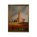 Lesley Valentine, monogrammed pair of oils on board, "Suffolk Round Tower Church" and "Farmyard with