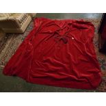 Large red velvet single curtain, 72ins wide x 86ins drop, together with rope twist tie back and four