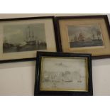 Unsigned, pencil drawing, Harbour scene with boats and buildings, together with two coloured prints,