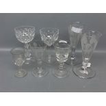 Mixed lot of seven early/mid-20th century glasses with etched detailing, various sizes, largest 6ins