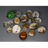 Collection of sixteen assorted paperweights, with printed scenes