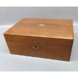 Small Victorian mahogany sewing box of plain design, diamond shaped brass lozenge inlaid to lid,