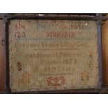 Two 19th century wool work samplers, the first with wording "Sarah Hannah Pearson, Frisby 1873, aged