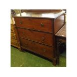 Late Georgian mahogany chest of three drawers, on bracket formed base, the brass fittings