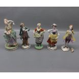 Group of five continental figures to include three Dresden figures, one of a lady flower seller, one