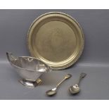 Group comprising Art Deco period hallmarked silver sauce boat (ex) circular card salver with