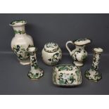 Six items of Mason Chartreuse wares: decorated vase, jug, pair of candlesticks, small lidded