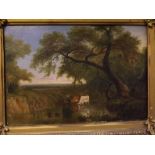 19th century English School, oil on canvas, River landscape with cattle watering, 9 x 13ins