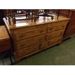 19th century pale oak and mahogany cross banded mule chest, with lifting top over two dummy drawers,