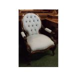 Victorian mahogany armchair with blue and cream diamond upholstered seat and button back, with