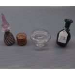 Miniature Bristol green small decanter, modern scent bottle with metal mounts, clear glass small