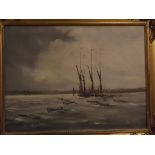 Arthur A Pank, signed oil on board, Moored barges, 11 x 15 1/2 ins