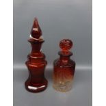Victorian ruby glass scent bottle and stopper, of waisted and panelled circular form, 8 1/2 ins