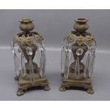 Pair of late Regency period cast brass candlesticks with prism glass drops (loaded bases), 8ins tall
