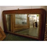 Edwardian walnut and Tunbridge ware inlaid overmantel mirror with gilt slip, raised on ball feet, 28