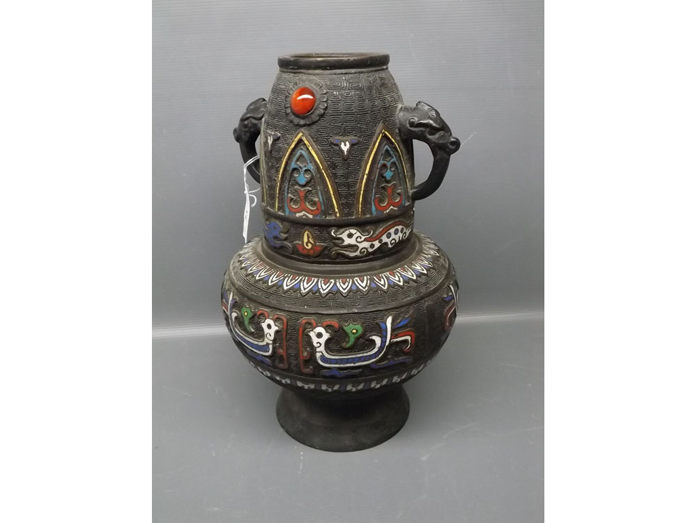 Large Oriental bronze two-handled vase with enamelled decoration and fitted dragon-head handles with