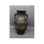 Large Oriental bronze bulbous vase with enamel foliage detailing, engraving throughout and flanked