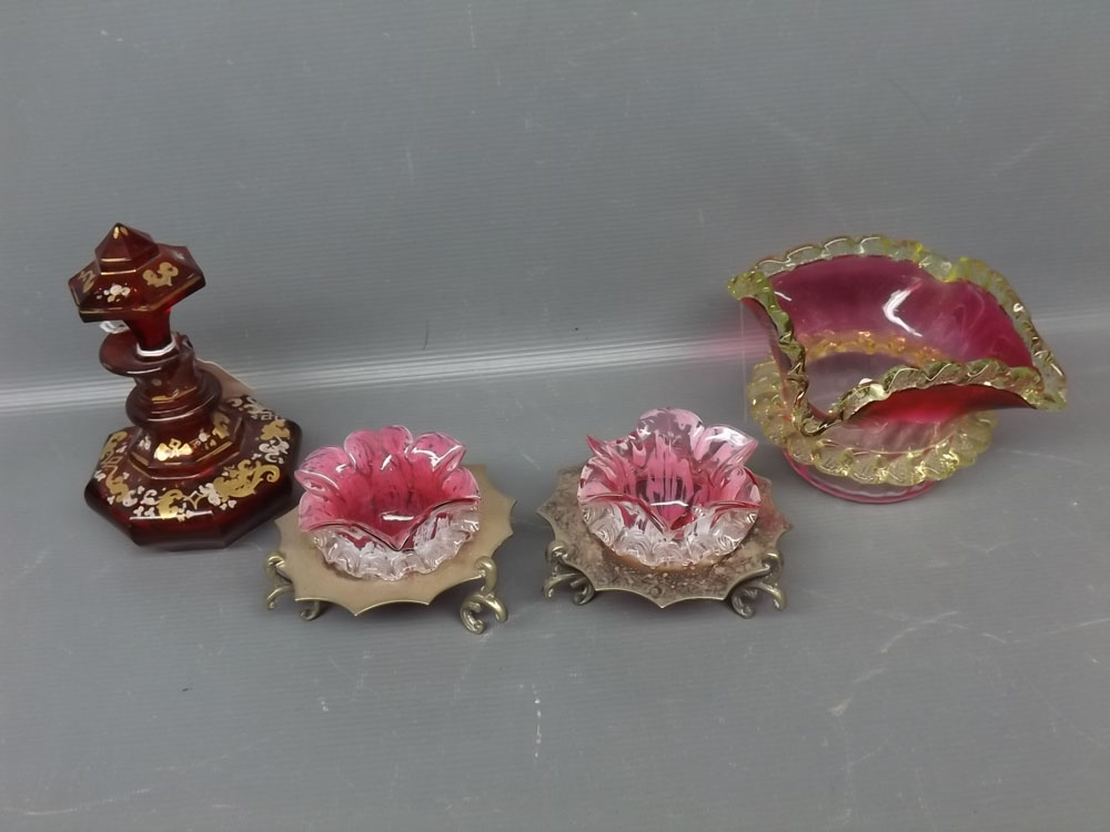 Ruby glass scent bottle of octagonal form with gilded decoration (A/F), together with two silver