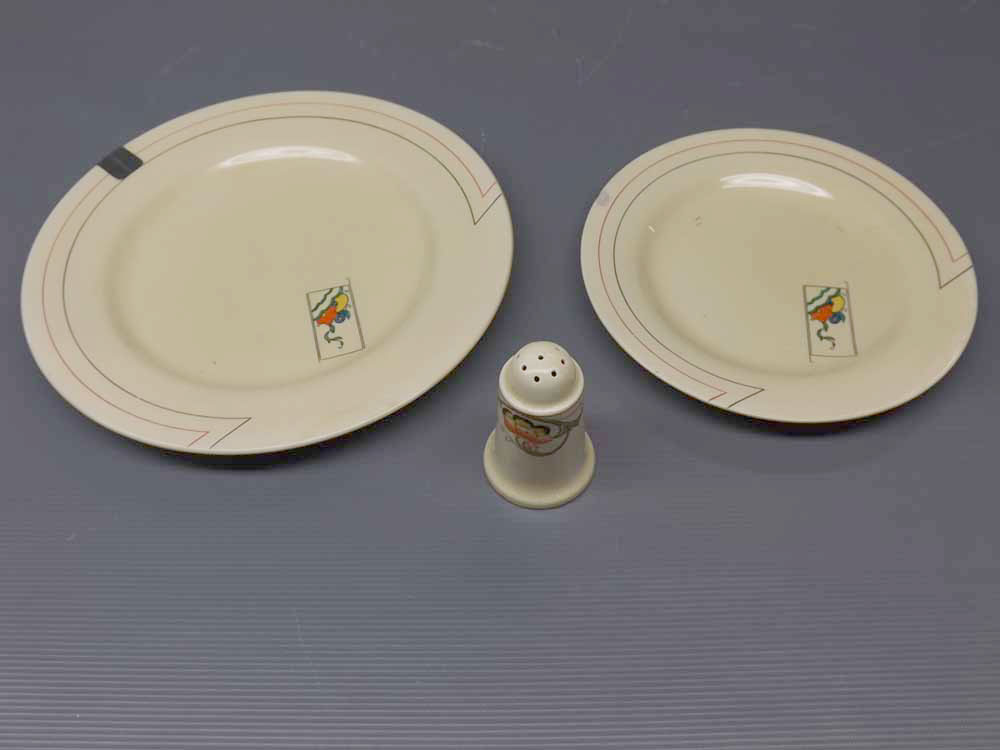 Moderne by Clarice Cliff plate, in the Paysanne design with rectangular coloured floral lozenge,