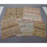 Five assorted samplers, to include one by Harriet Harris aged 13 dated March 14th 1837, with