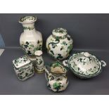 Six items of Mason Chartreuse decorated wares: vase, lidded ginger jar, two-handled lidded tureen,