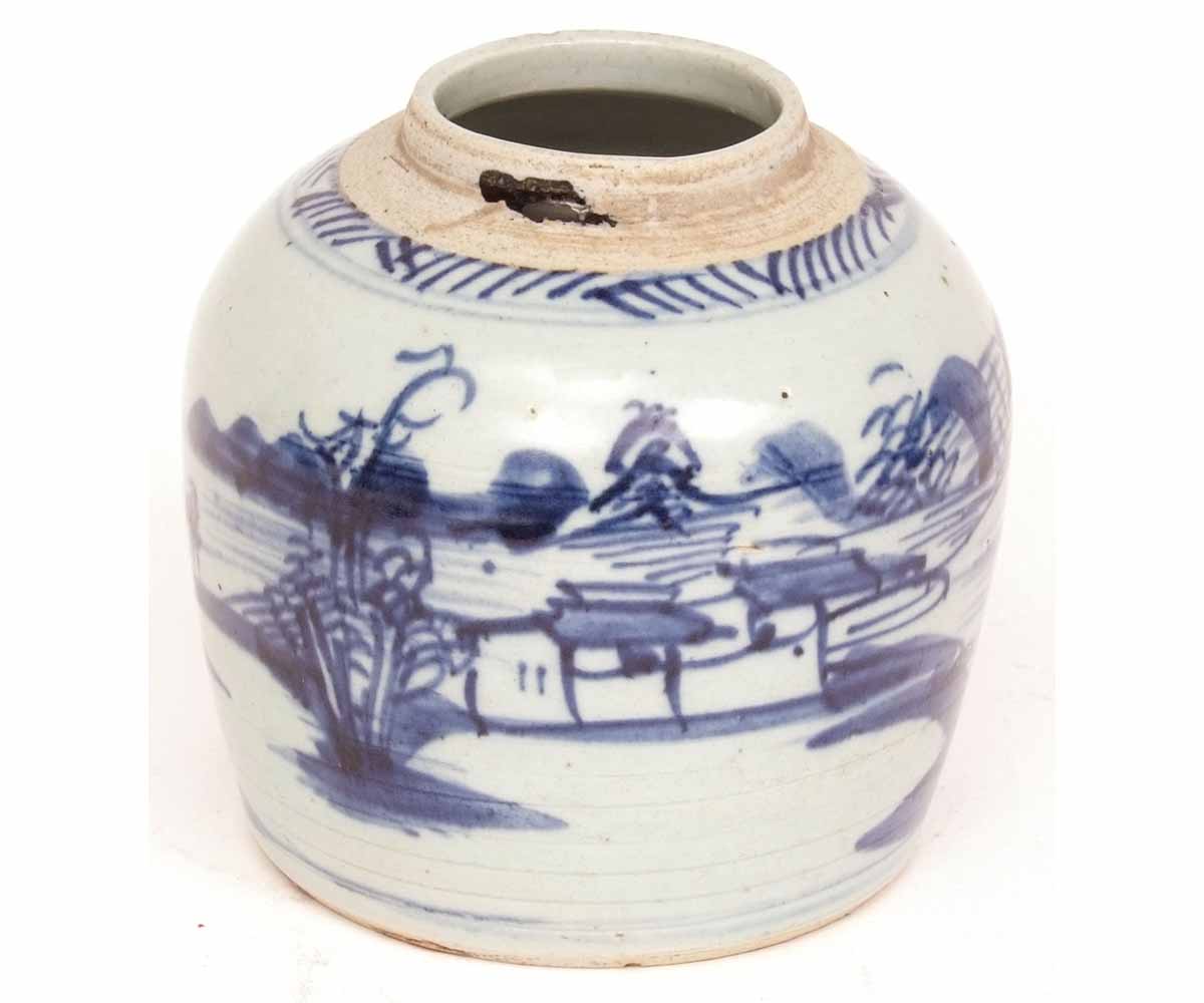 Chinese provincial blue and white porcelain jar with landscape scene, approximately 6 1/2 ins high