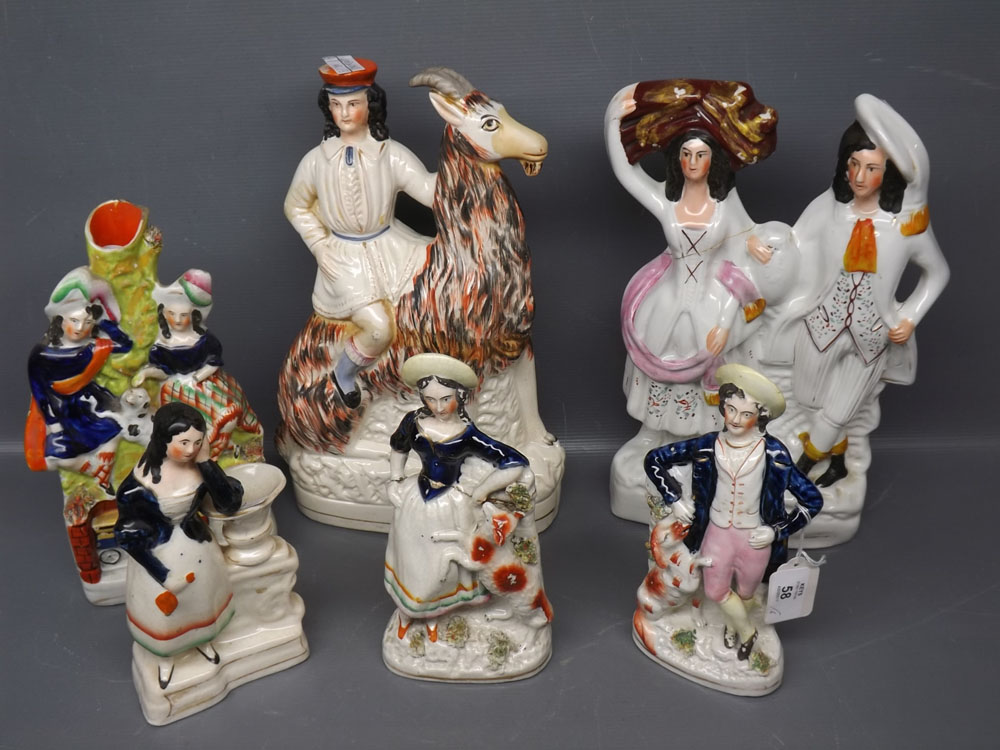 Group of six Staffordshire flat back figure groups, mostly A/F, largest 12 1/2 ins tall