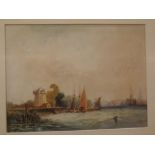 Unsigned, watercolour, Coastal scene with windmill and distant town, 7 x 9 1/2 ins