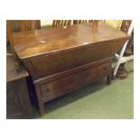 18th century elm converted dough bin with drop front, two drawers with peg style handles, 49ins x 21