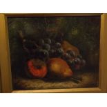 Indistinctly signed lower right, oil on canvas, Still life study of mixed fruit on a mossy bank, 9