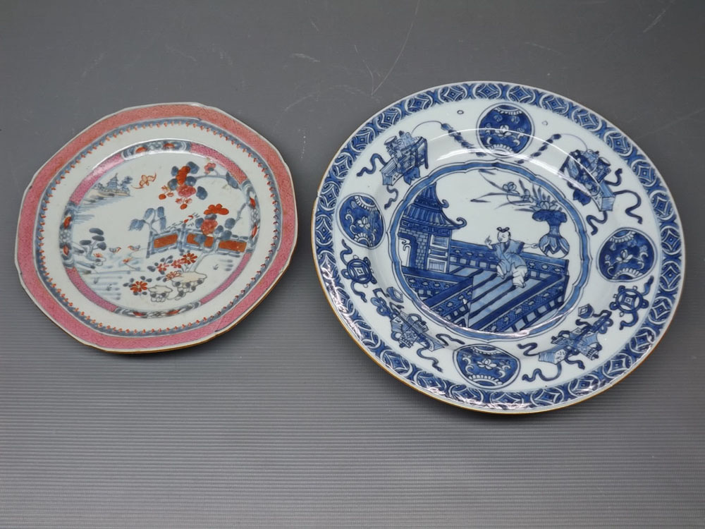 19th century famille rose decorated plate with fence and blossom tree design; together with 19th