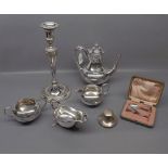 Group of silver plated wares including three-piece Victorian style coffee set of circular baluster